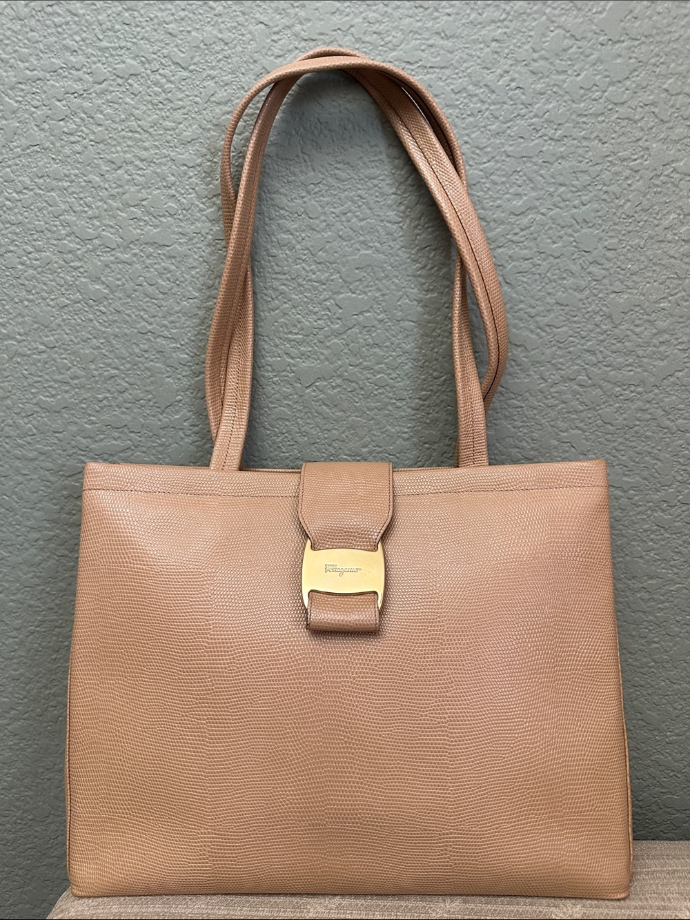 Used Salvatore Ferragamo Beige/Tan Textured Lizard- Embossed Leather Tote